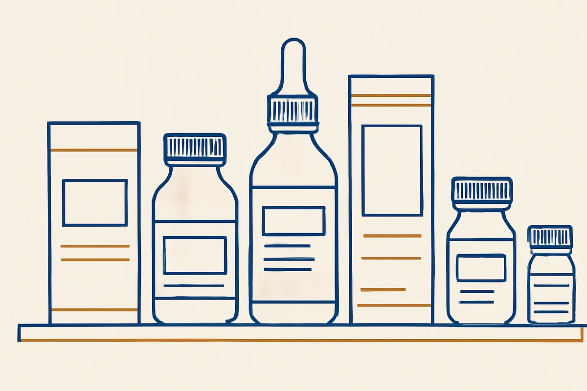 Illustration of bottles and boxes lined up on a shelf